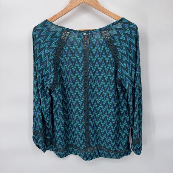Prana Tacana Peasant Top Womens Large Green Purple Geometric Print Crochet Trim - Picture 7 of 9